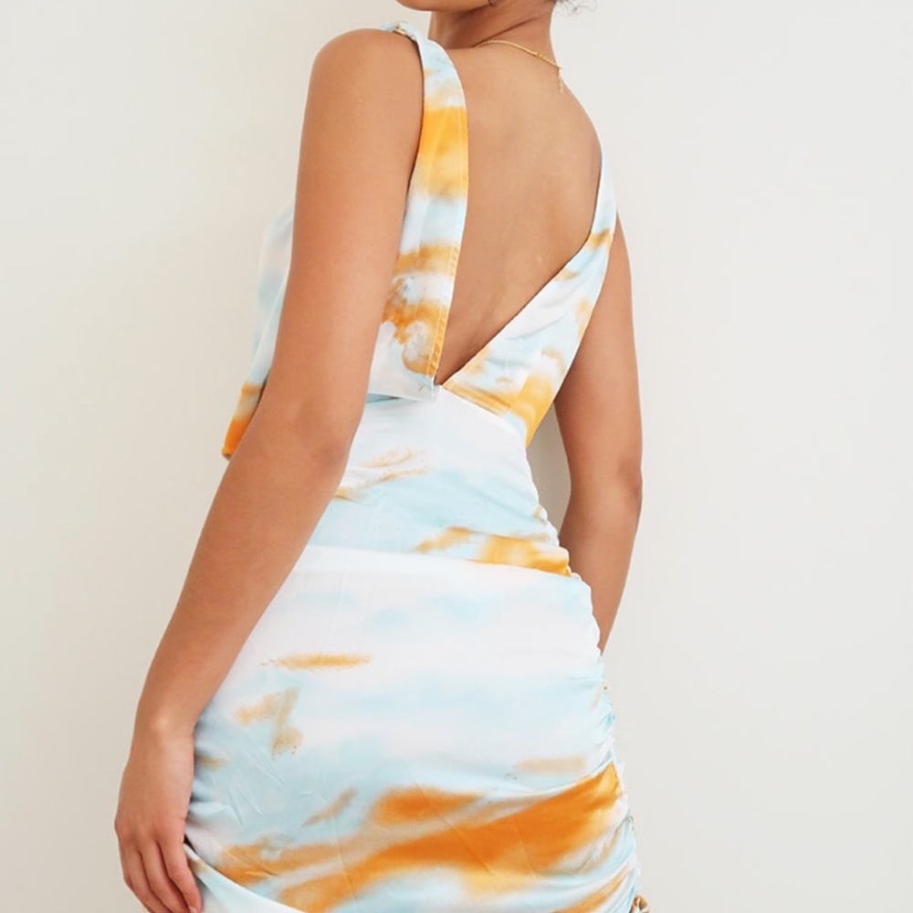 Multi Tie dmDye Satin Wrap Ruched Bodycon dress